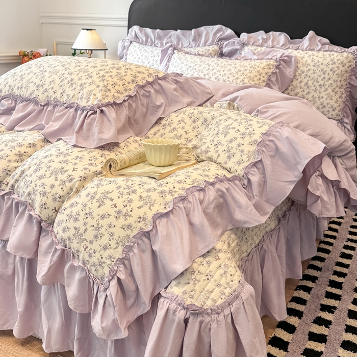 云木里 2026新款古法水洗棉印花床盖四件套 紫苏-白