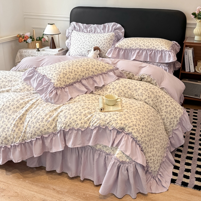 91家纺网 家纺一手货源 找家纺 云木里 2026新款古法水洗棉印花床盖四件套 紫苏-白