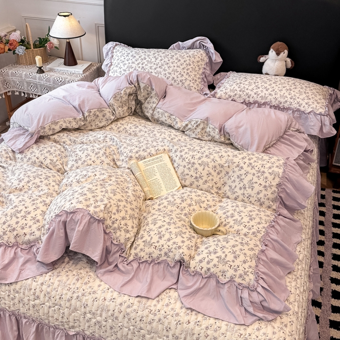 91家纺网 家纺一手货源 找家纺 云木里 2026新款古法水洗棉印花床盖四件套 紫苏-白