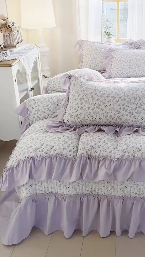 91家纺网 家纺一手货源 找家纺 云木里 2026新款古法水洗棉印花床盖四件套 紫苏-白