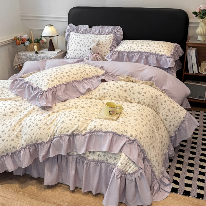 91家纺网 家纺一手货源 找家纺 云木里 2026新款古法水洗棉印花床盖四件套 紫苏-黄