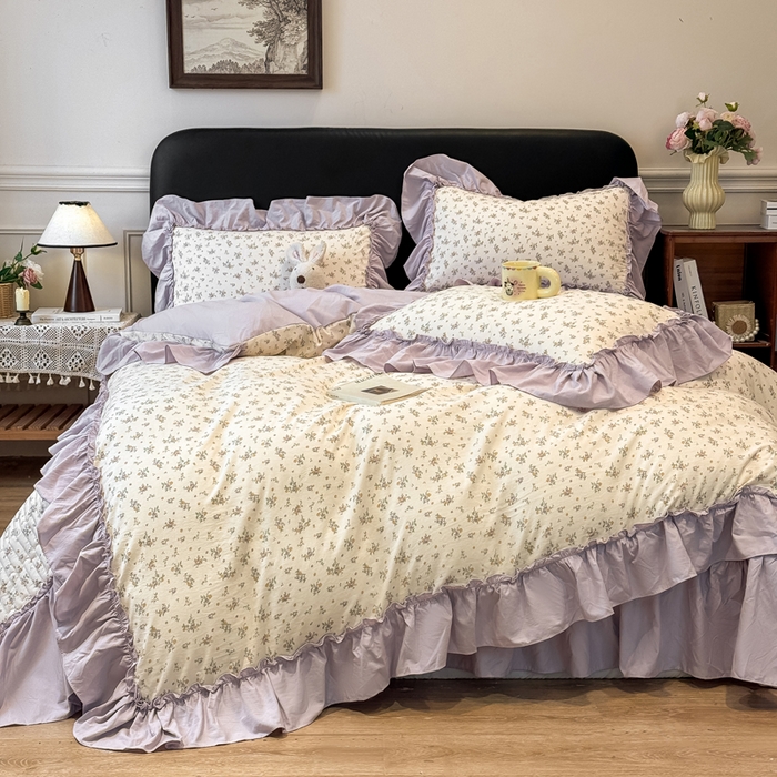 91家纺网 家纺一手货源 找家纺 云木里 2026新款古法水洗棉印花床盖四件套 紫苏-黄