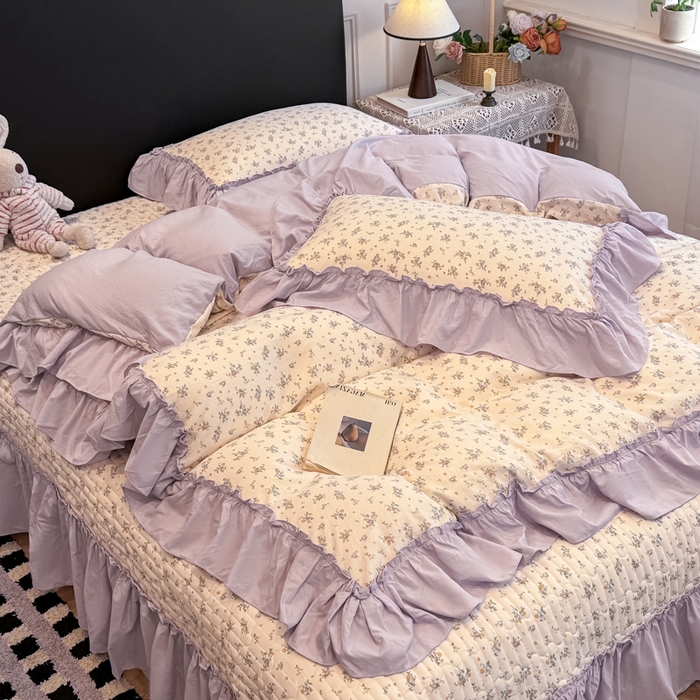 91家纺网 家纺一手货源 找家纺 云木里 2026新款古法水洗棉印花床盖四件套 紫苏-黄