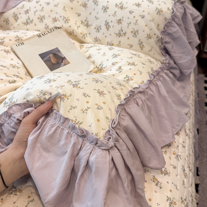 91家纺网 家纺一手货源 找家纺 云木里 2026新款古法水洗棉印花床盖四件套 紫苏-黄