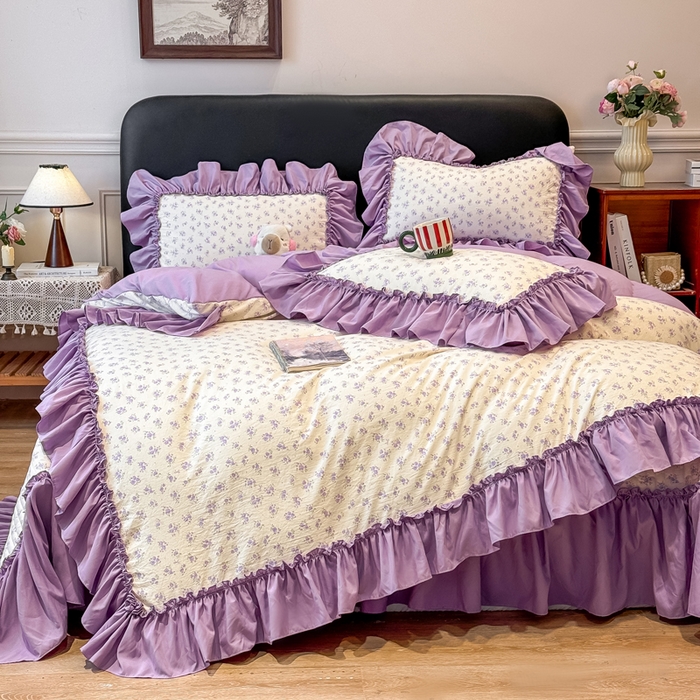 91家纺网 家纺一手货源 找家纺 云木里 2026新款古法水洗棉印花床盖四件套 紫鸳