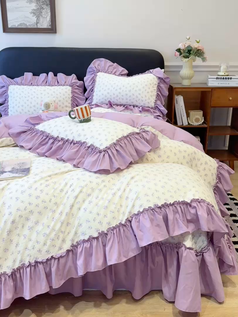 91家纺网 家纺一手货源 找家纺 云木里 2026新款古法水洗棉印花床盖四件套 紫鸳