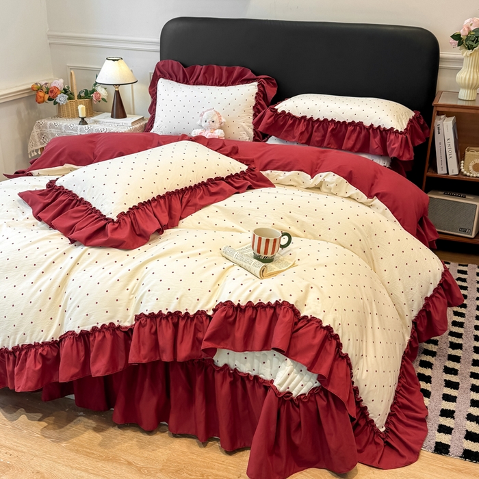 91家纺网 家纺一手货源 找家纺 云木里 2026新款古法水洗棉印花床盖四件套 爱恋波点