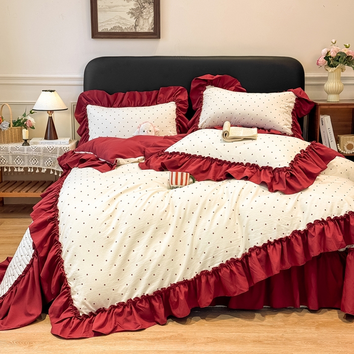 91家纺网 家纺一手货源 找家纺 云木里 2026新款古法水洗棉印花床盖四件套 爱恋波点