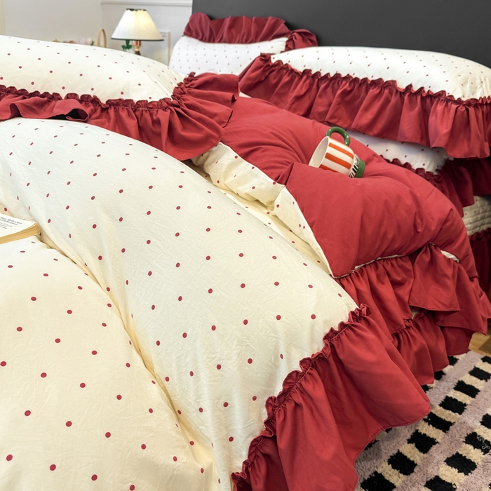 91家纺网 家纺一手货源 找家纺 云木里 2026新款古法水洗棉印花床盖四件套 爱恋波点