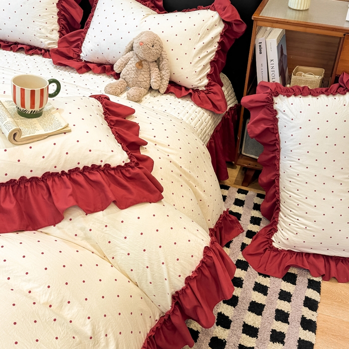 91家纺网 家纺一手货源 找家纺 云木里 2026新款古法水洗棉印花床盖四件套 爱恋波点