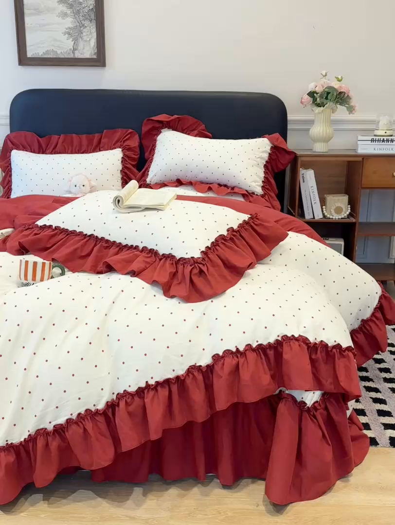 91家纺网 家纺一手货源 找家纺 云木里 2026新款古法水洗棉印花床盖四件套 爱恋波点