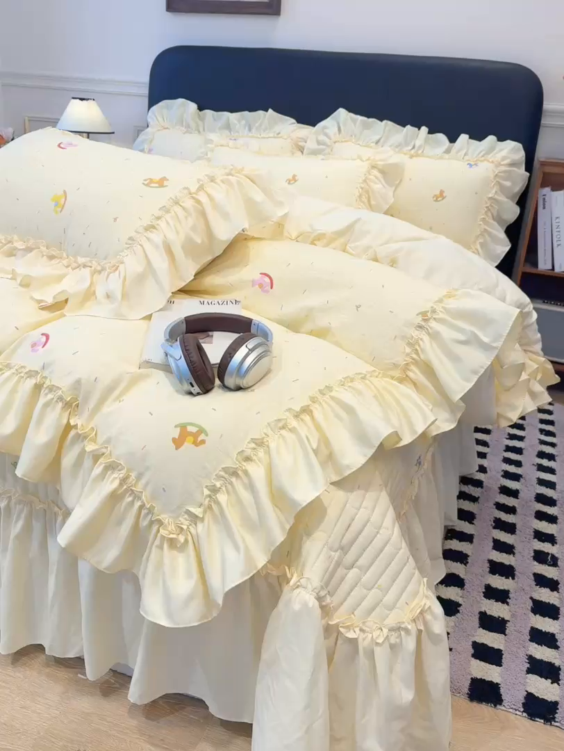 91家纺网 家纺一手货源 找家纺 云木里 2026新款古法水洗棉印花床盖四件套 好运木马