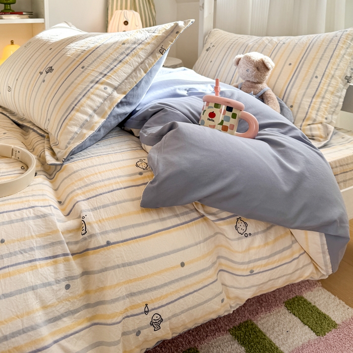 91家纺网 家纺一手货源 找家纺 禧缘家纺（原梦想家） 2026新款仿棉学生三件套云感棉 素描小鱼