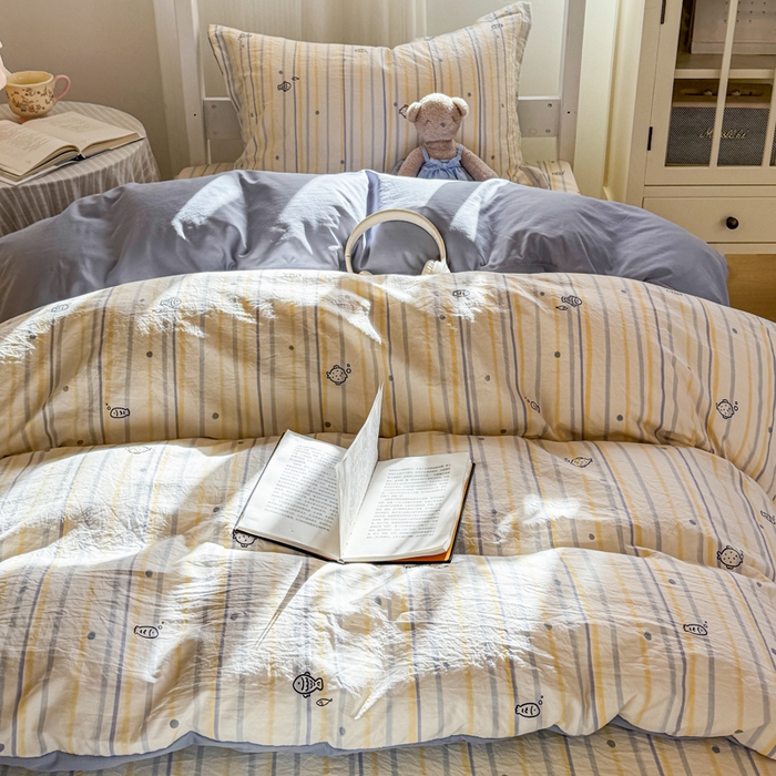 91家纺网 家纺一手货源 找家纺 禧缘家纺（原梦想家） 2026新款仿棉学生三件套云感棉 素描小鱼