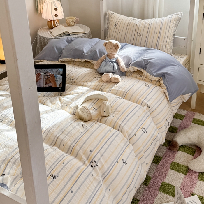 91家纺网 家纺一手货源 找家纺 禧缘家纺（原梦想家） 2026新款仿棉学生三件套云感棉 素描小鱼