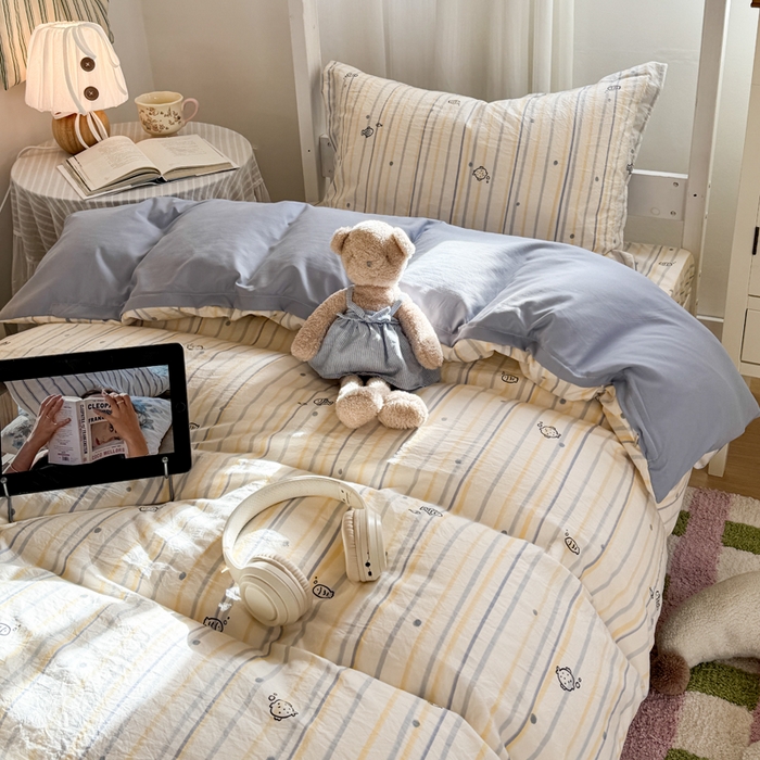 91家纺网 家纺一手货源 找家纺 禧缘家纺（原梦想家） 2026新款仿棉学生三件套云感棉 素描小鱼