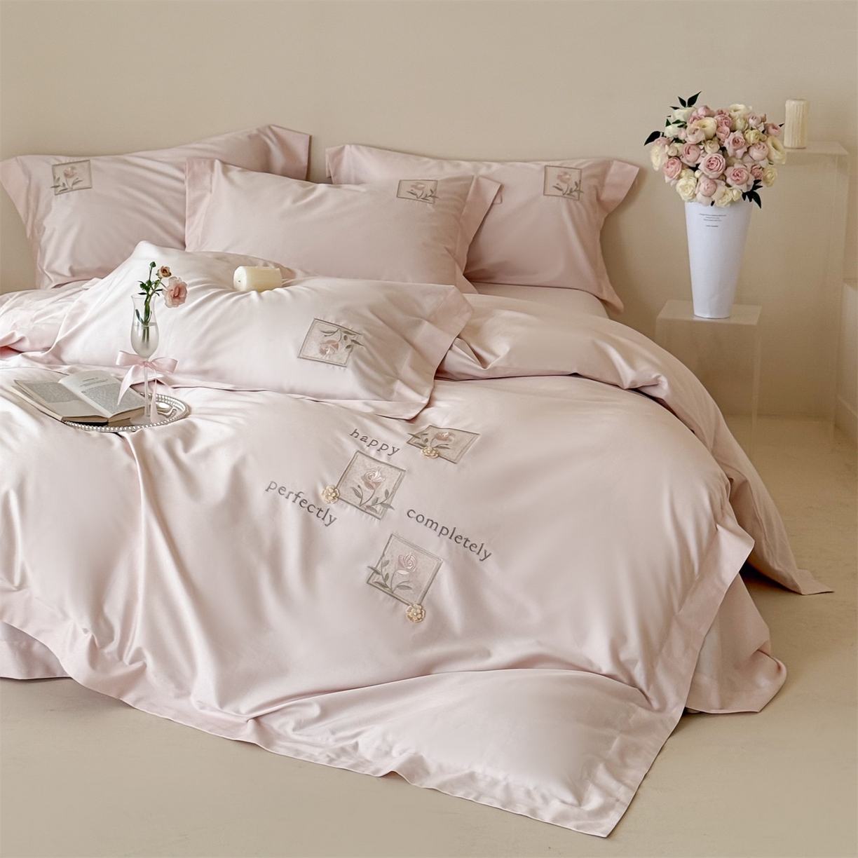 名品优仓 2026新款长绒棉50s全棉纯棉刺绣宽边款四件套-花栖 花栖-公主粉