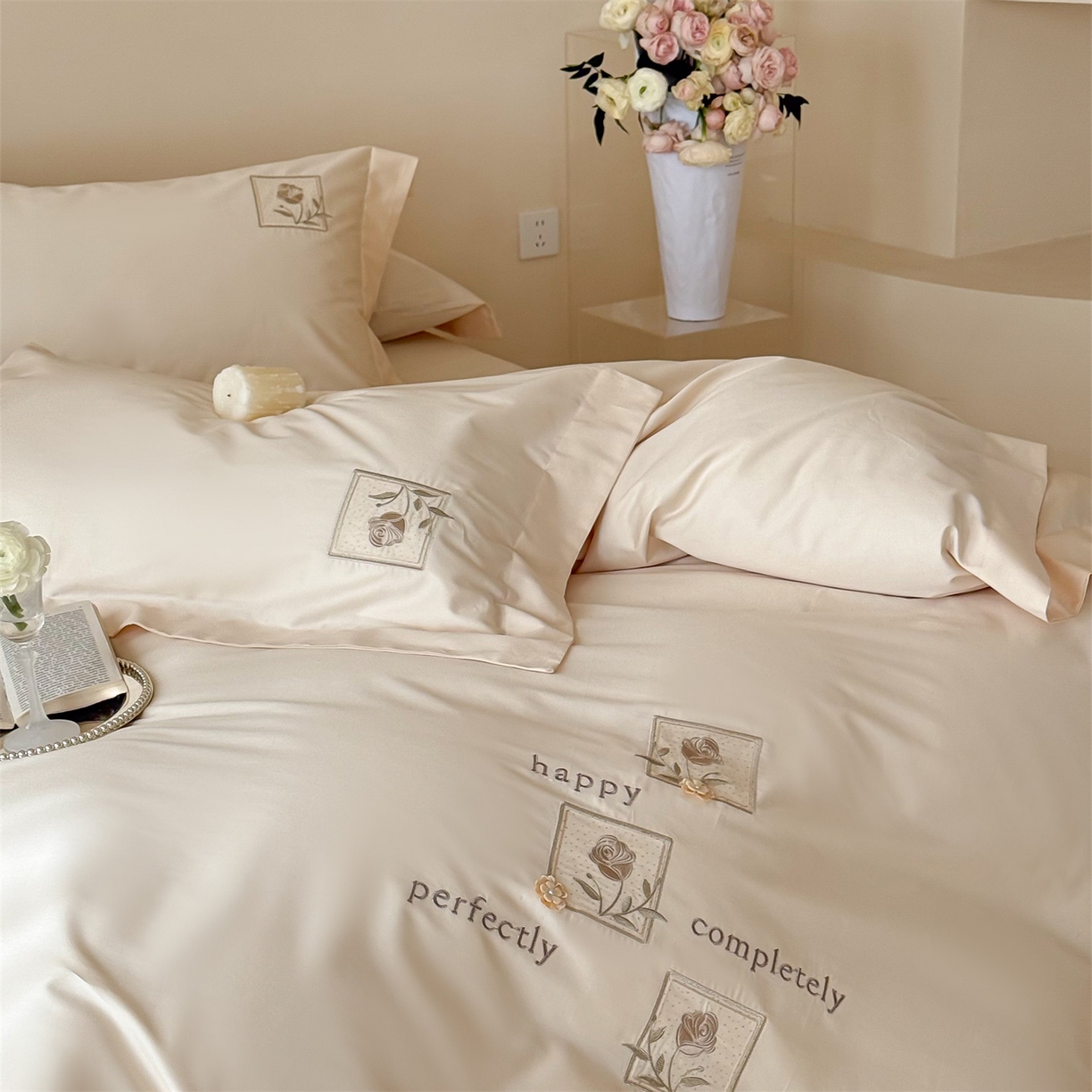 91家纺网 家纺一手货源 找家纺 名品优仓 2026新款长绒棉50s全棉纯棉刺绣宽边款四件套-花栖 花栖-肉肉粉