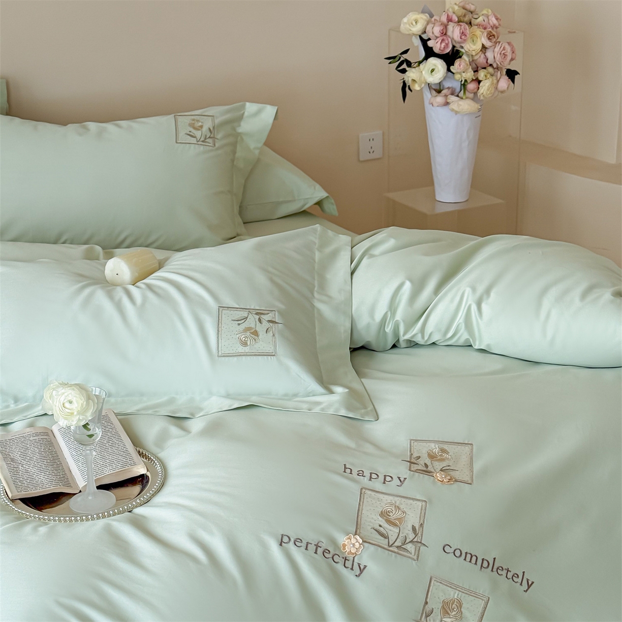 91家纺网 家纺一手货源 找家纺 名品优仓 2026新款长绒棉50s全棉纯棉刺绣宽边款四件套-花栖 花栖-清新绿