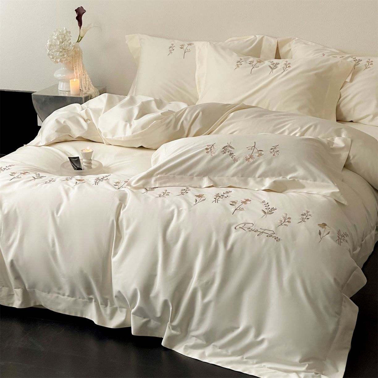 名品优仓 2026新款长绒棉50s全棉纯棉刺绣宽边款四件套-花有约 花有约-奶芋色