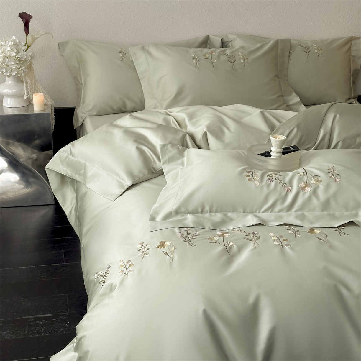 91家纺网 家纺一手货源 找家纺 名品优仓 2026新款长绒棉50s全棉纯棉刺绣宽边款四件套-花有约 花有约-玛瑙绿