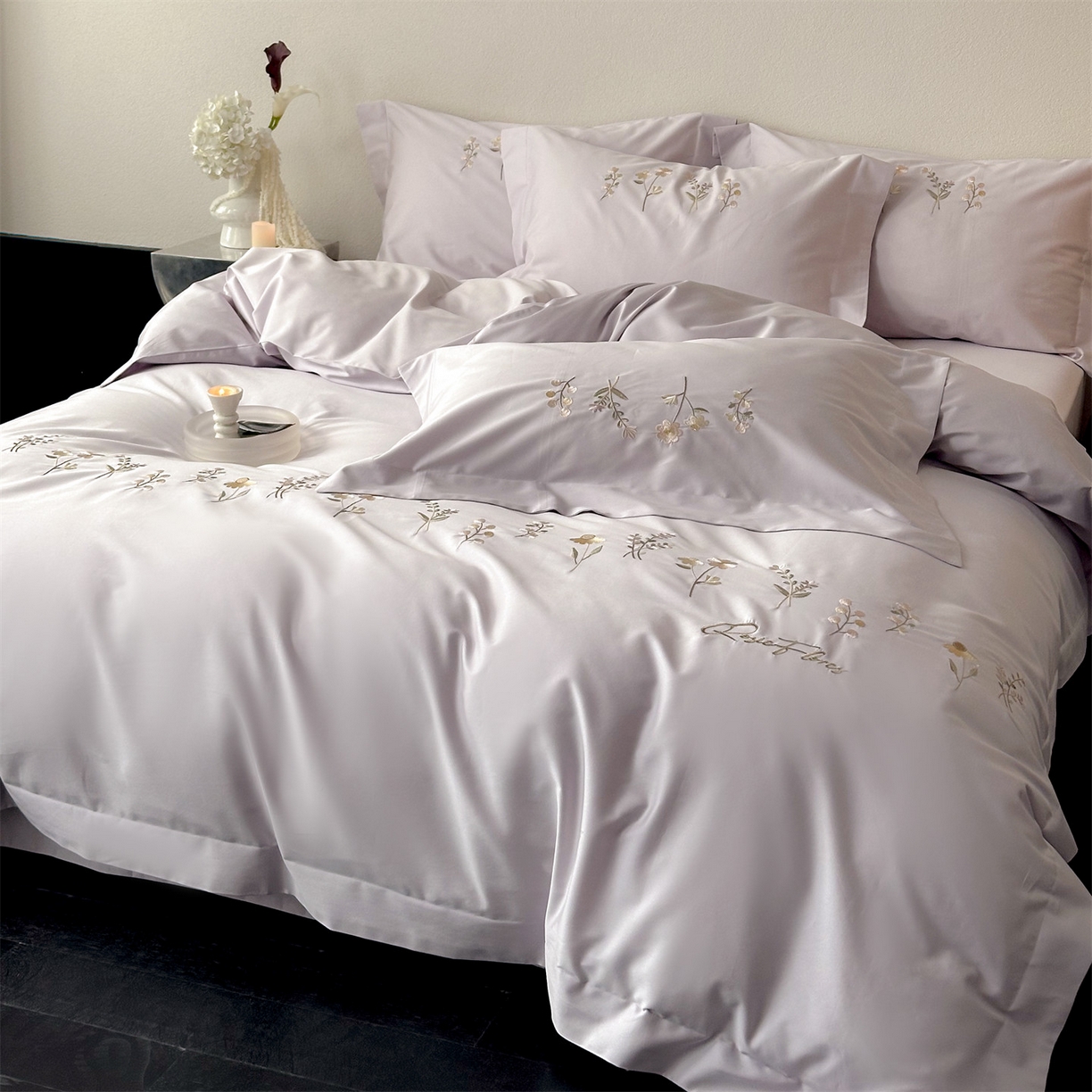 名品优仓 2026新款长绒棉50s全棉纯棉刺绣宽边款四件套-花有约 花有约-梦幻色