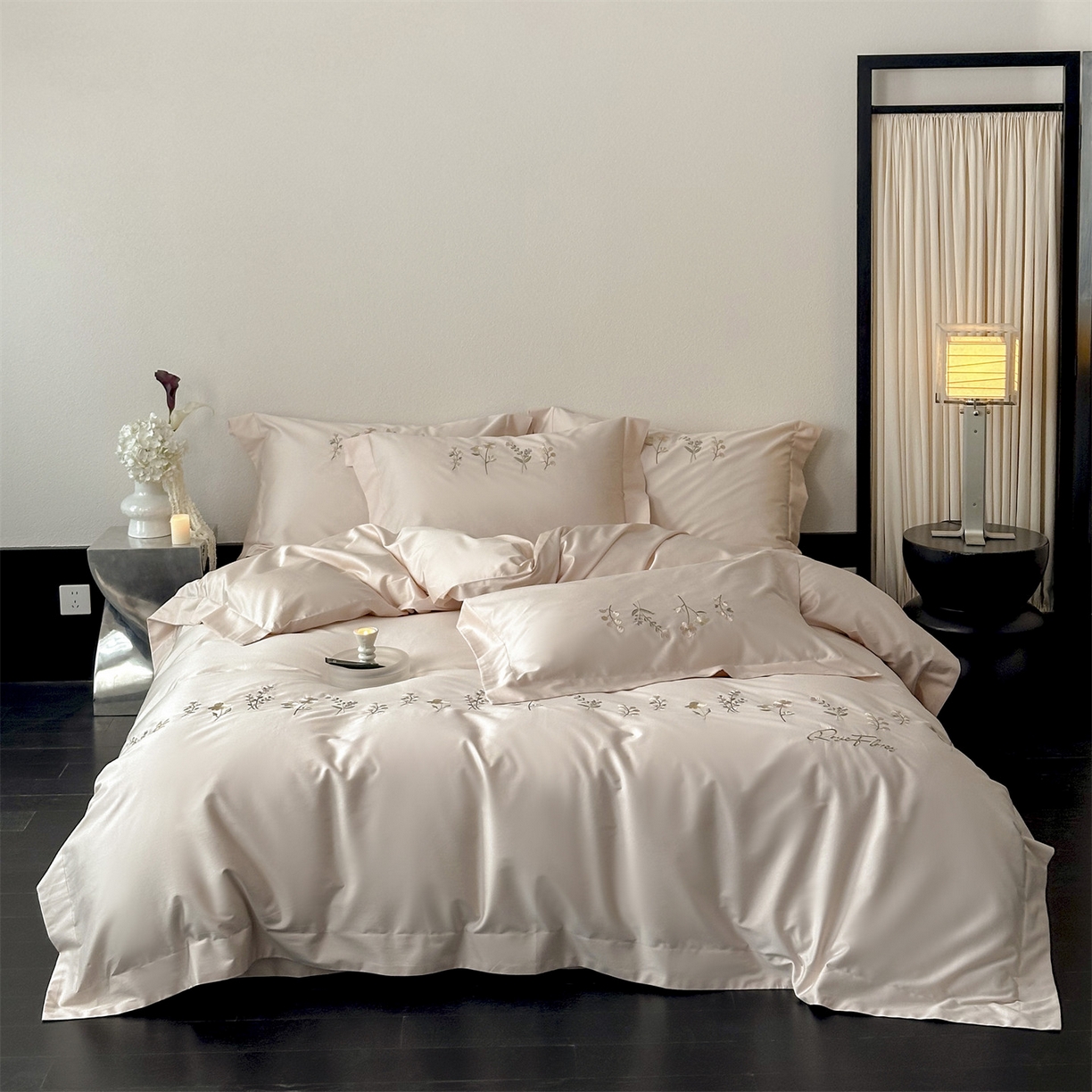 91家纺网 家纺一手货源 找家纺 名品优仓 2026新款长绒棉50s全棉纯棉刺绣宽边款四件套-花有约 花有约-粉色