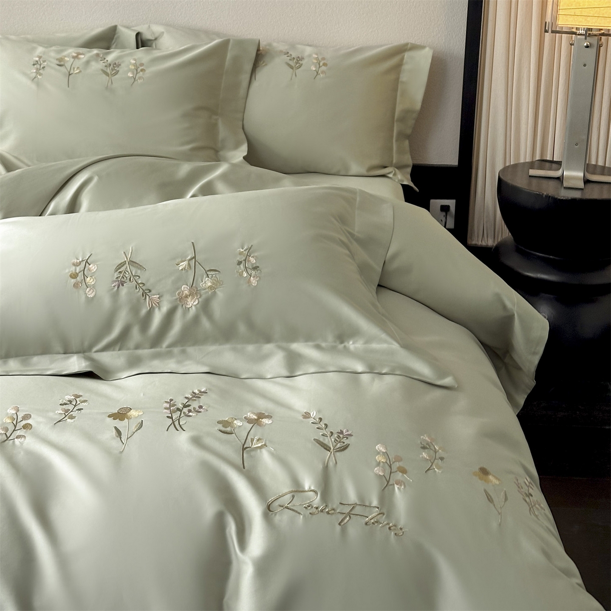 91家纺网 家纺一手货源 找家纺 名品优仓 2026新款长绒棉50s全棉纯棉刺绣宽边款四件套-花有约 花有约-玛瑙绿