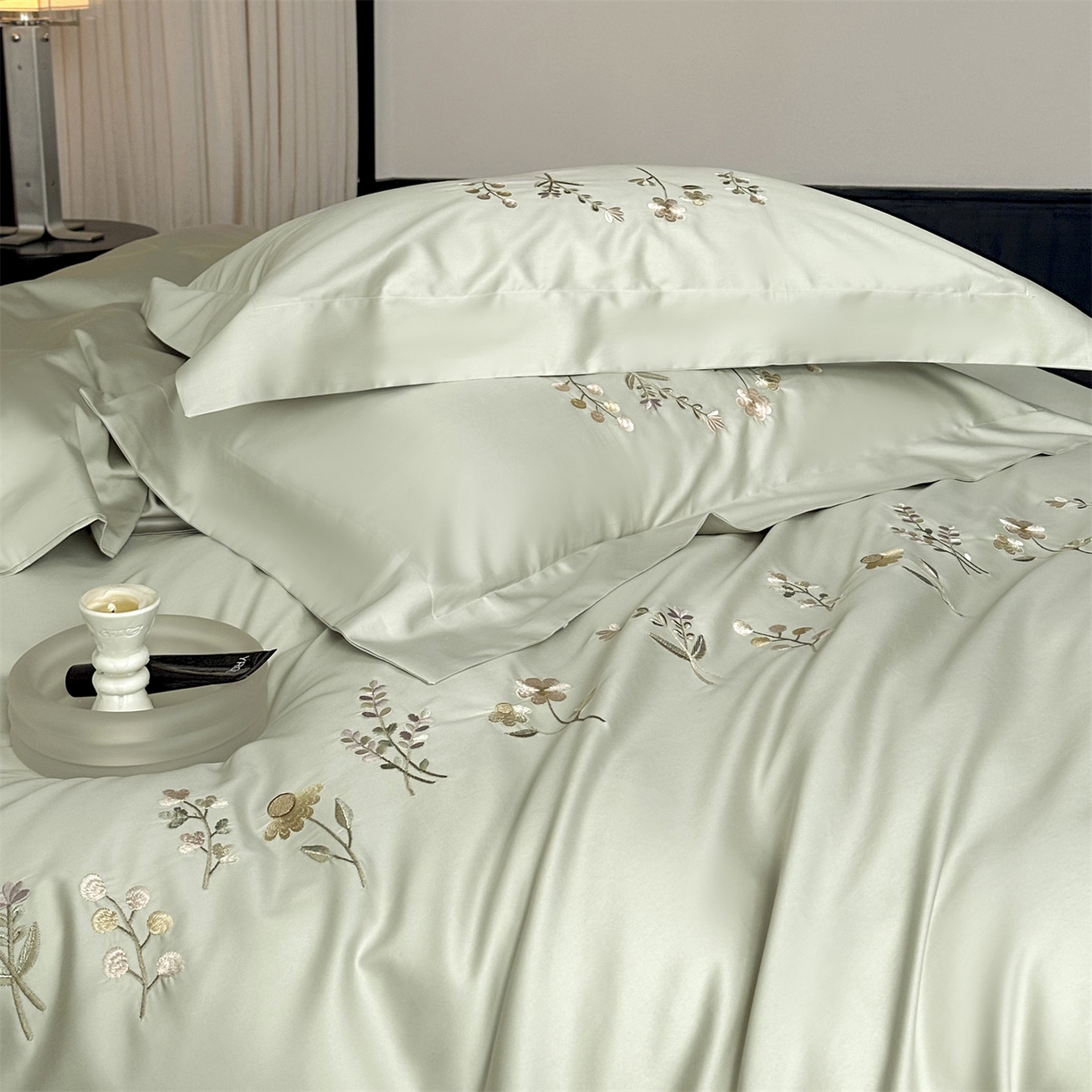 91家纺网 家纺一手货源 找家纺 名品优仓 2026新款长绒棉50s全棉纯棉刺绣宽边款四件套-花有约 花有约-玛瑙绿