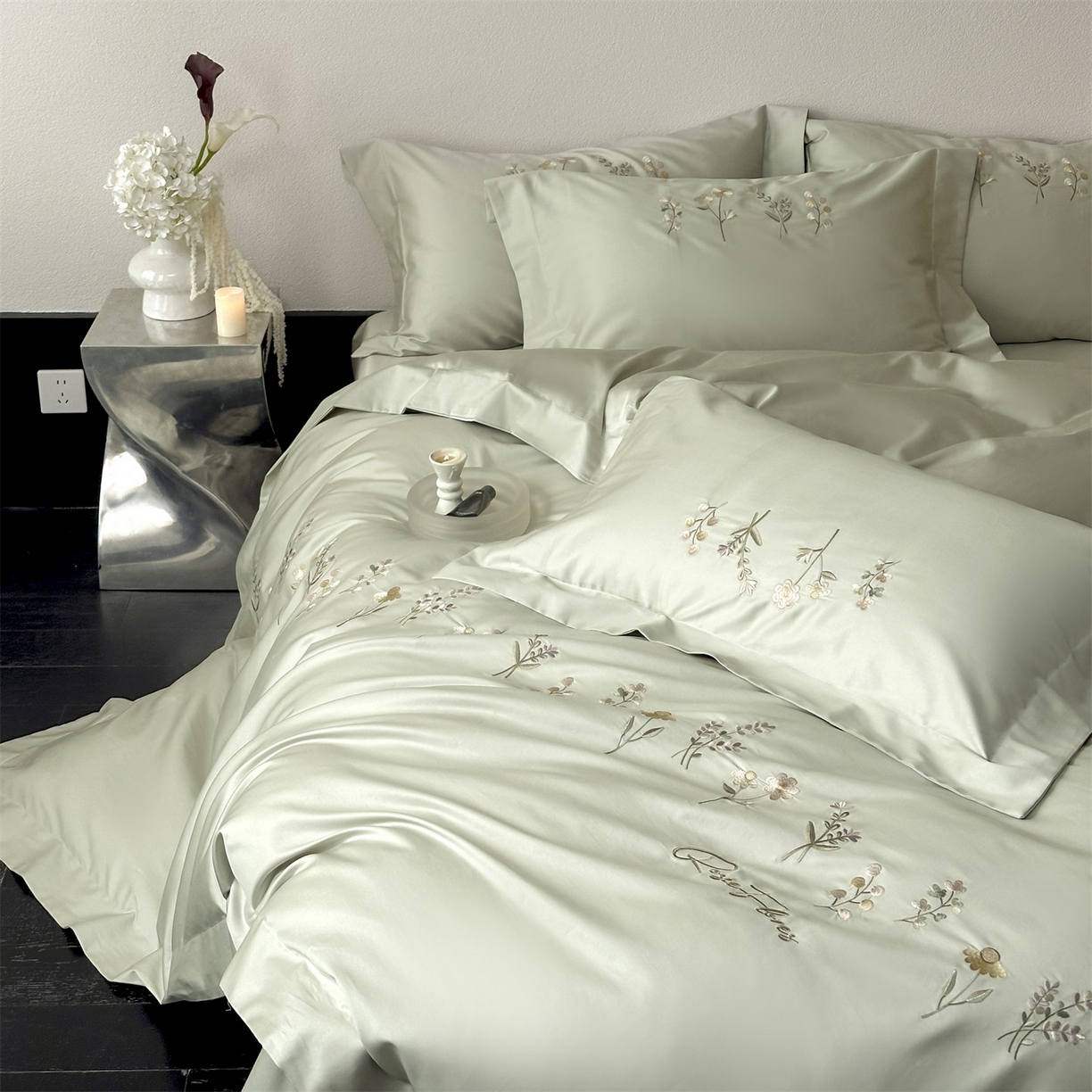 91家纺网 家纺一手货源 找家纺 名品优仓 2026新款长绒棉50s全棉纯棉刺绣宽边款四件套-花有约 花有约-玛瑙绿