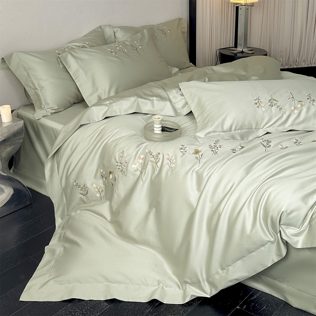 91家纺网 家纺一手货源 找家纺 名品优仓 2026新款长绒棉50s全棉纯棉刺绣宽边款四件套-花有约 花有约-玛瑙绿