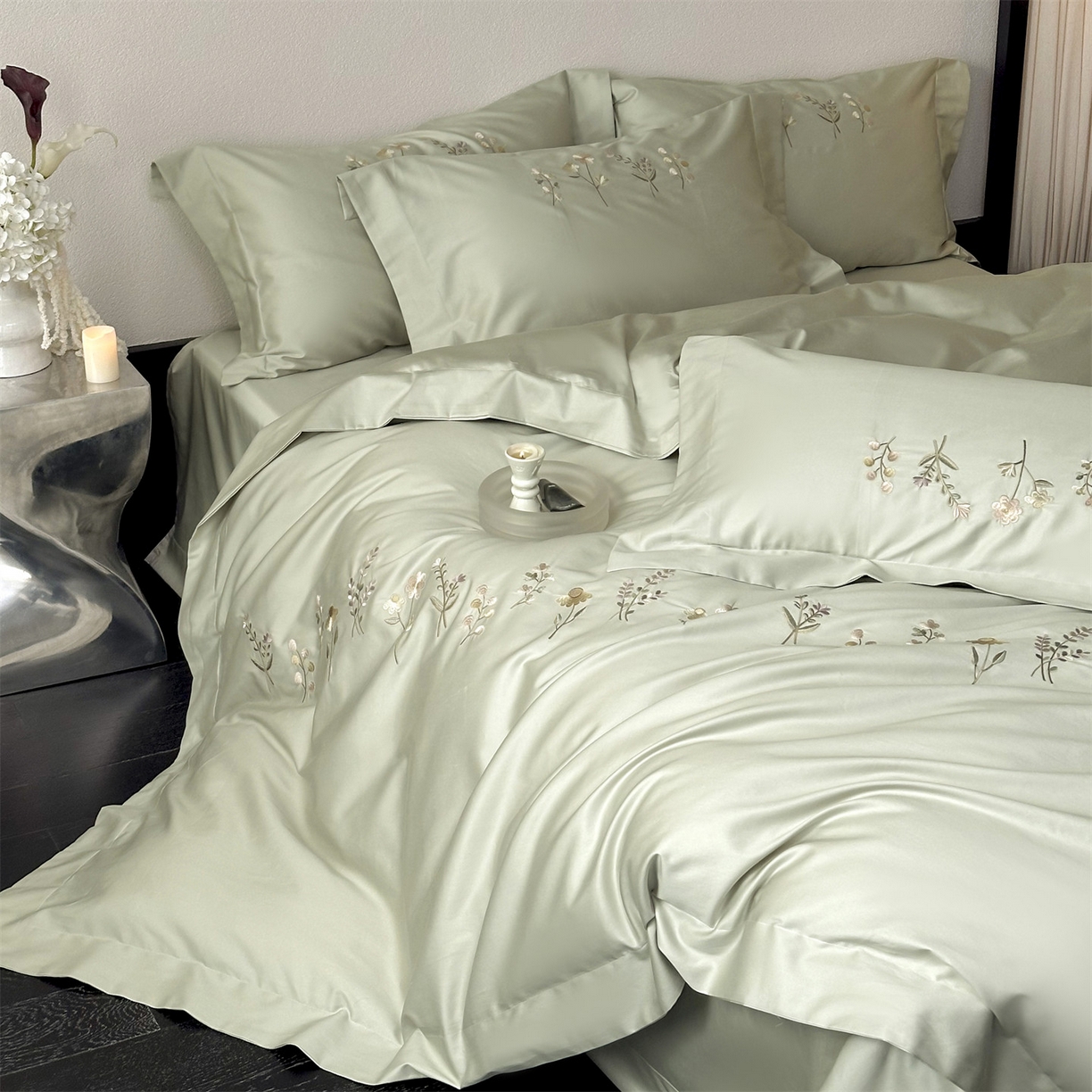 91家纺网 家纺一手货源 找家纺 名品优仓 2026新款长绒棉50s全棉纯棉刺绣宽边款四件套-花有约 花有约-玛瑙绿