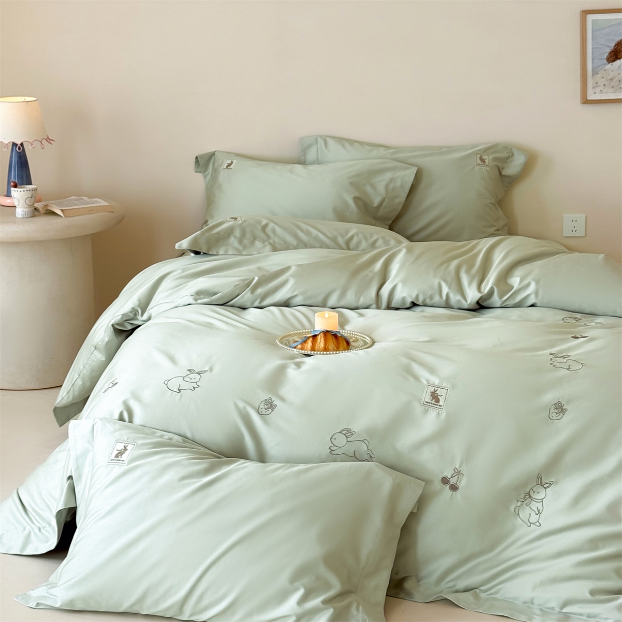 名品优仓 2026新款长绒棉50s全棉纯棉刺绣宽边款四件套-米豆兔 米豆兔-森林绿