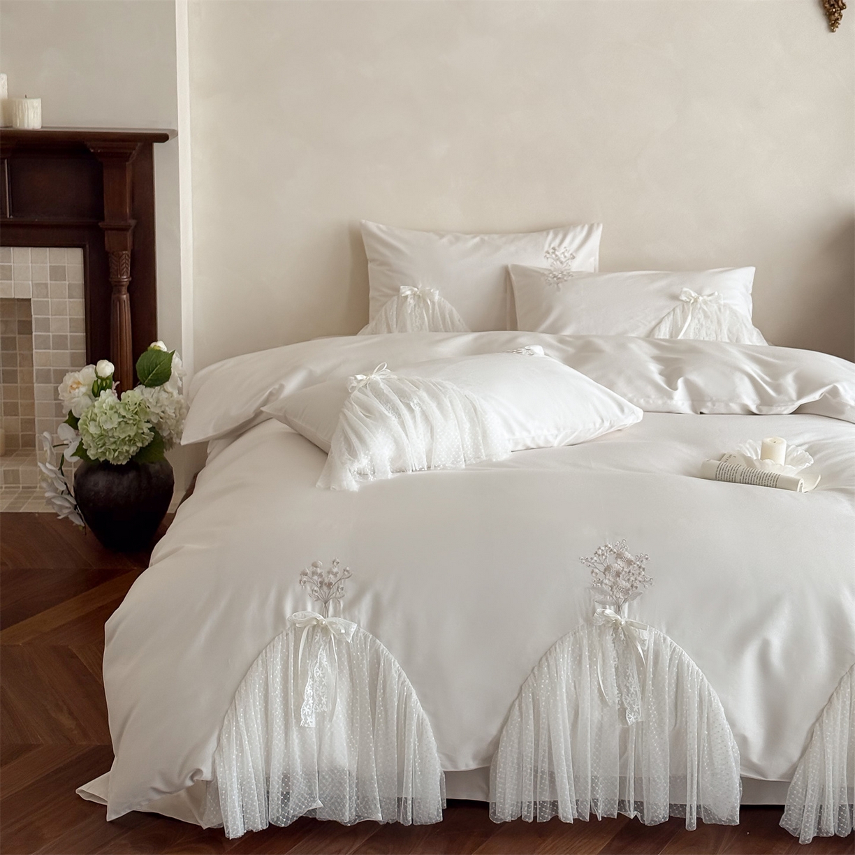 名品优仓 2026新款长绒棉50s全棉纯棉刺绣蕾丝轻纱四件套-夏薇 夏薇-云雾白