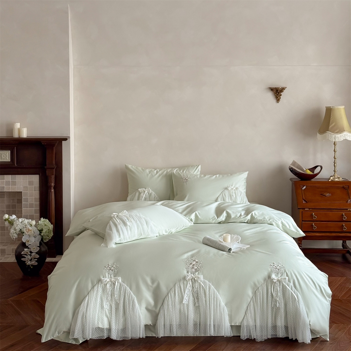 91家纺网 家纺一手货源 找家纺 名品优仓 2026新款长绒棉50s全棉纯棉刺绣蕾丝轻纱四件套-夏薇 夏薇-清新绿