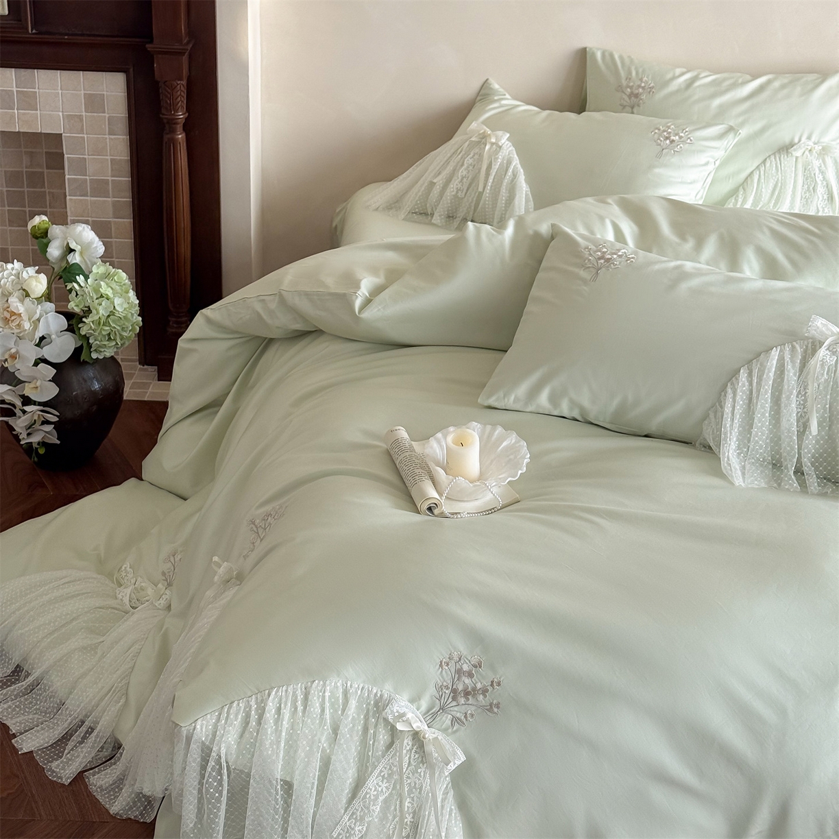 91家纺网 家纺一手货源 找家纺 名品优仓 2026新款长绒棉50s全棉纯棉刺绣蕾丝轻纱四件套-夏薇 夏薇-清新绿