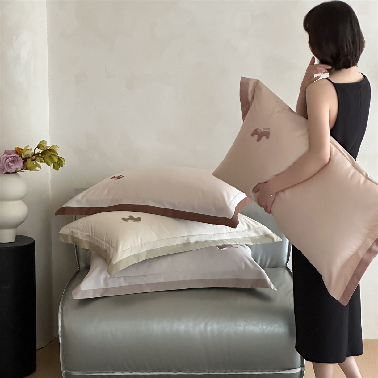 名品优仓 2026新款长绒棉50s全棉纯棉刺绣撞色宽边款四件套-马上有钱 组合图仅做展示不可下单