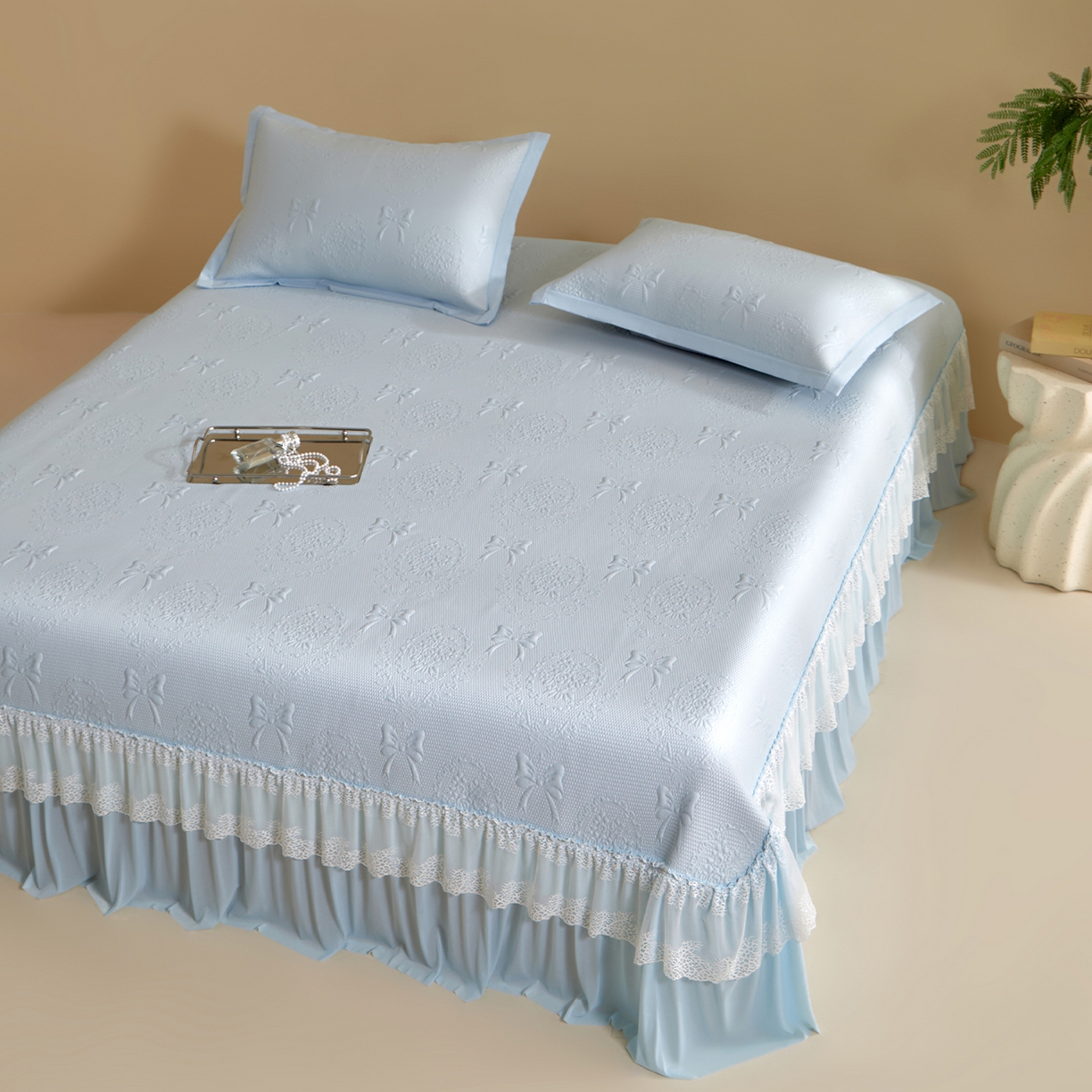 91家纺网 家纺一手货源 找家纺 （总）航途席业 2026新款A类凉感豆豆床裙款凉席三件套-系列一