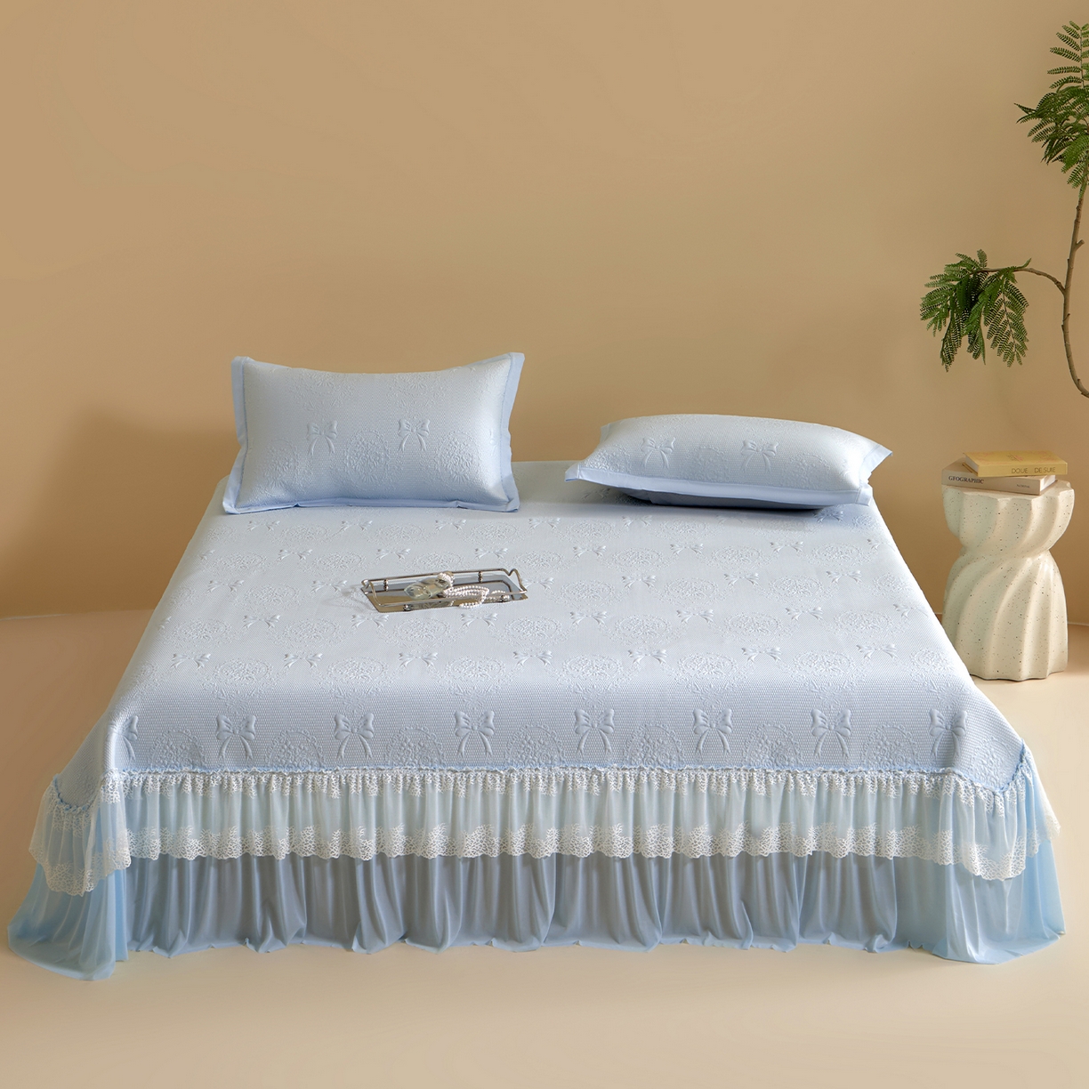 91家纺网 家纺一手货源 找家纺 （总）航途席业 2026新款A类凉感豆豆床裙款凉席三件套-系列一