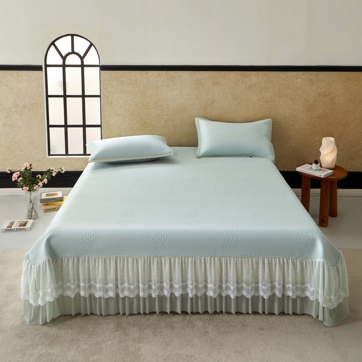 91家纺网 家纺一手货源 找家纺 （总）航途席业 2026新款A类凉感豆豆床裙款凉席三件套-系列七