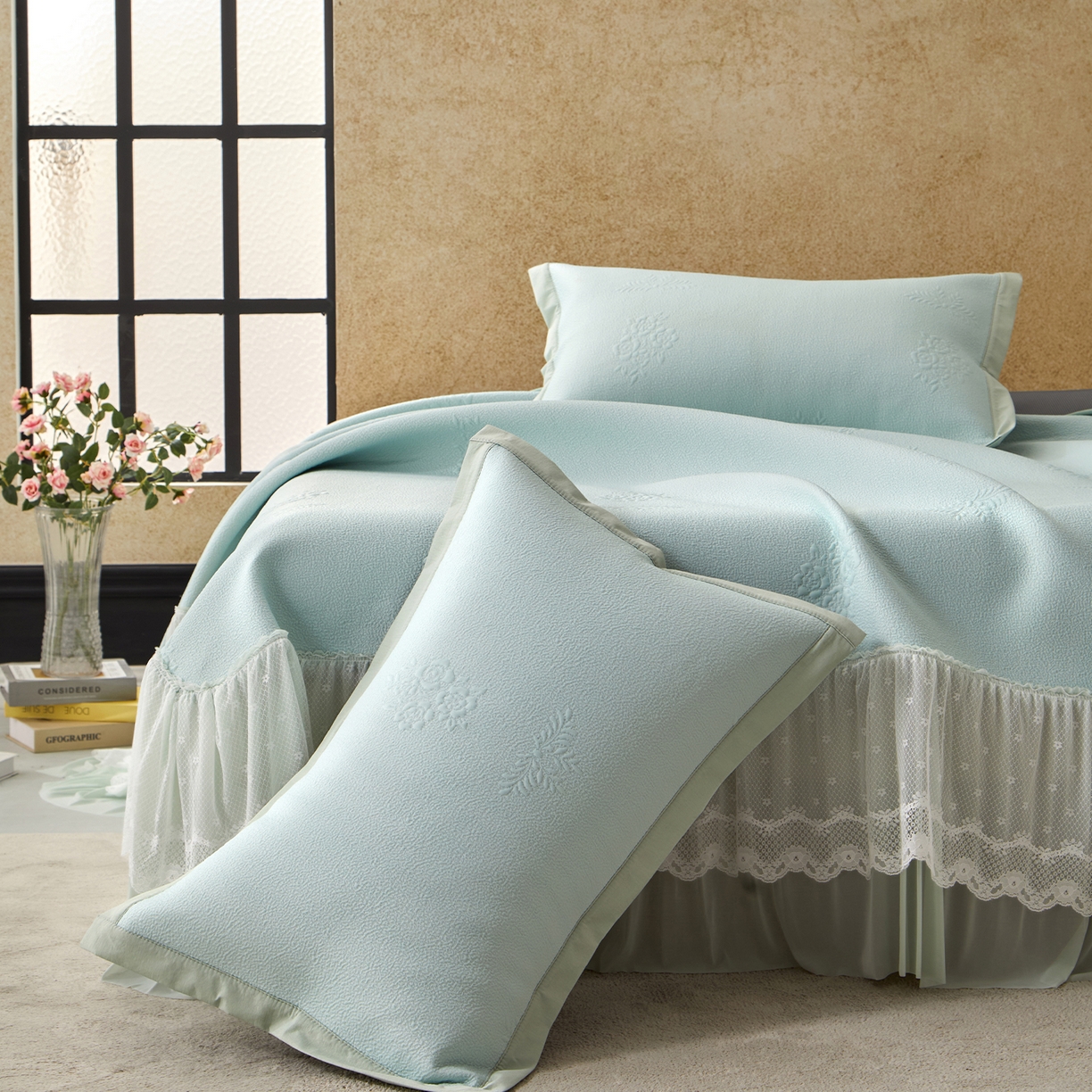 91家纺网 家纺一手货源 找家纺 航途席业 2026新款A类凉感豆豆床裙款凉席三件套-系列七 薄荷团绮