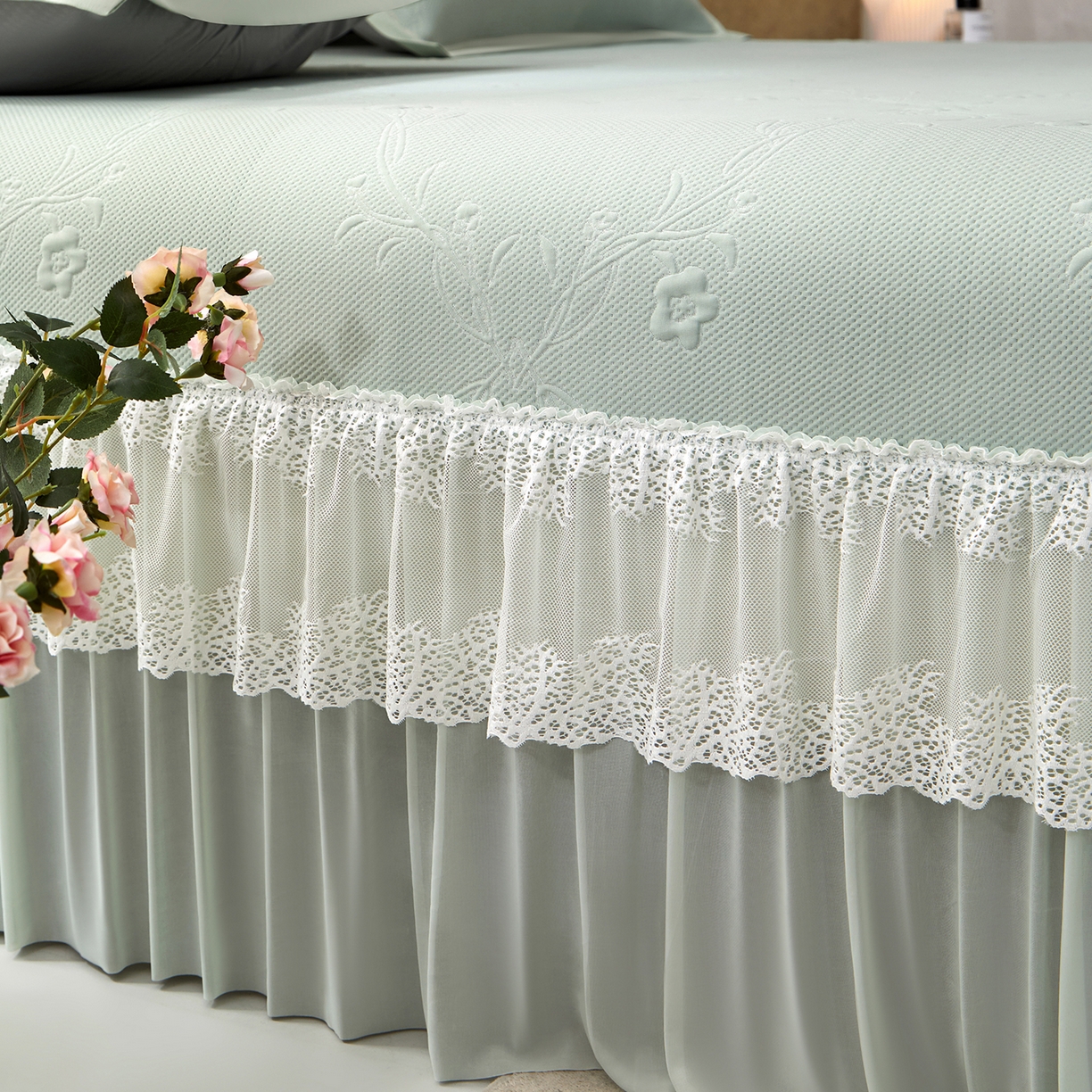 91家纺网 家纺一手货源 找家纺 航途席业 2026新款A类凉感豆豆床裙款凉席三件套-系列七 青柠藤语