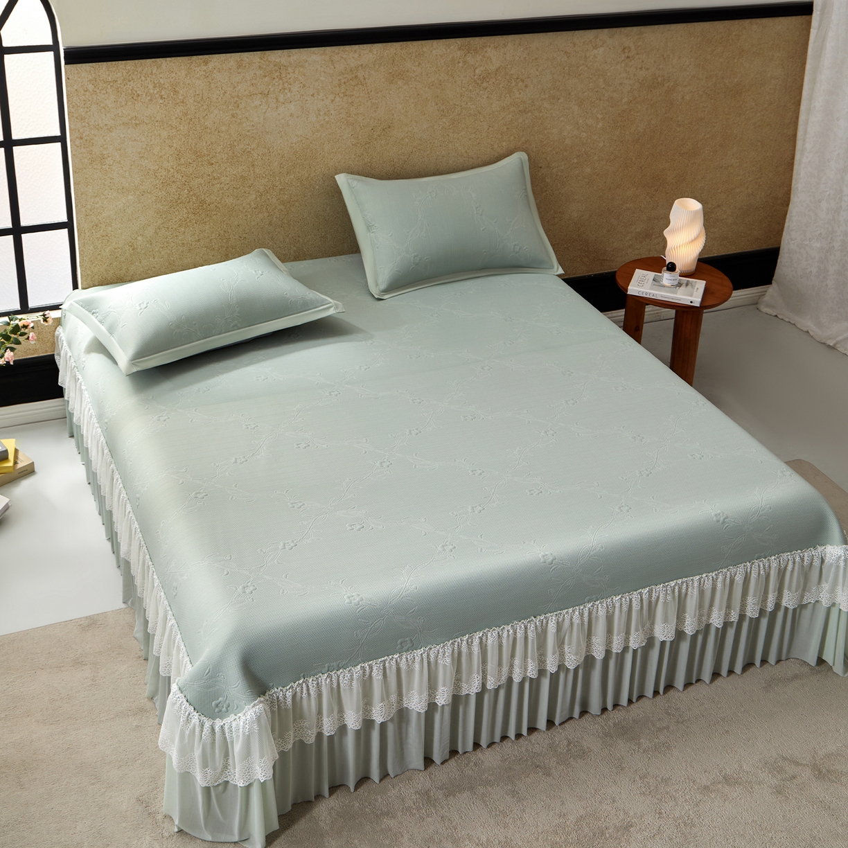 91家纺网 家纺一手货源 找家纺 航途席业 2026新款A类凉感豆豆床裙款凉席三件套-系列七 青柠藤语