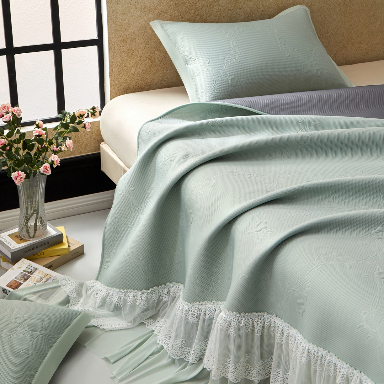 91家纺网 家纺一手货源 找家纺 航途席业 2026新款A类凉感豆豆床裙款凉席三件套-系列七 青柠藤语