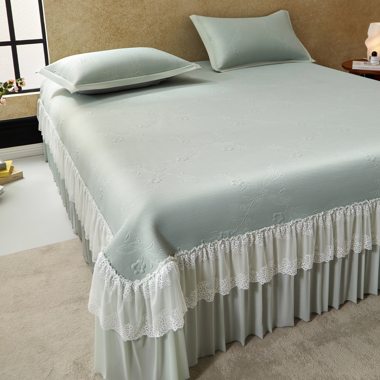 91家纺网 家纺一手货源 找家纺 航途席业 2026新款A类凉感豆豆床裙款凉席三件套-系列七 青柠藤语