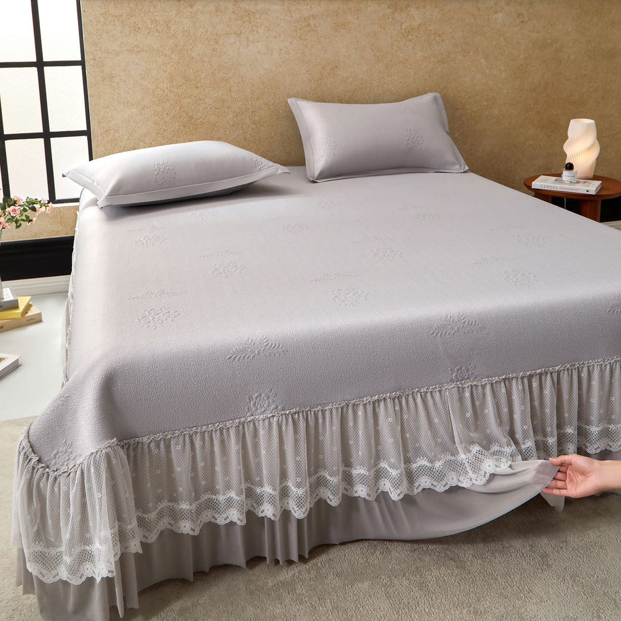 航途席业 2026新款A类凉感豆豆床裙款凉席三件套-系列七 烟灰团绮