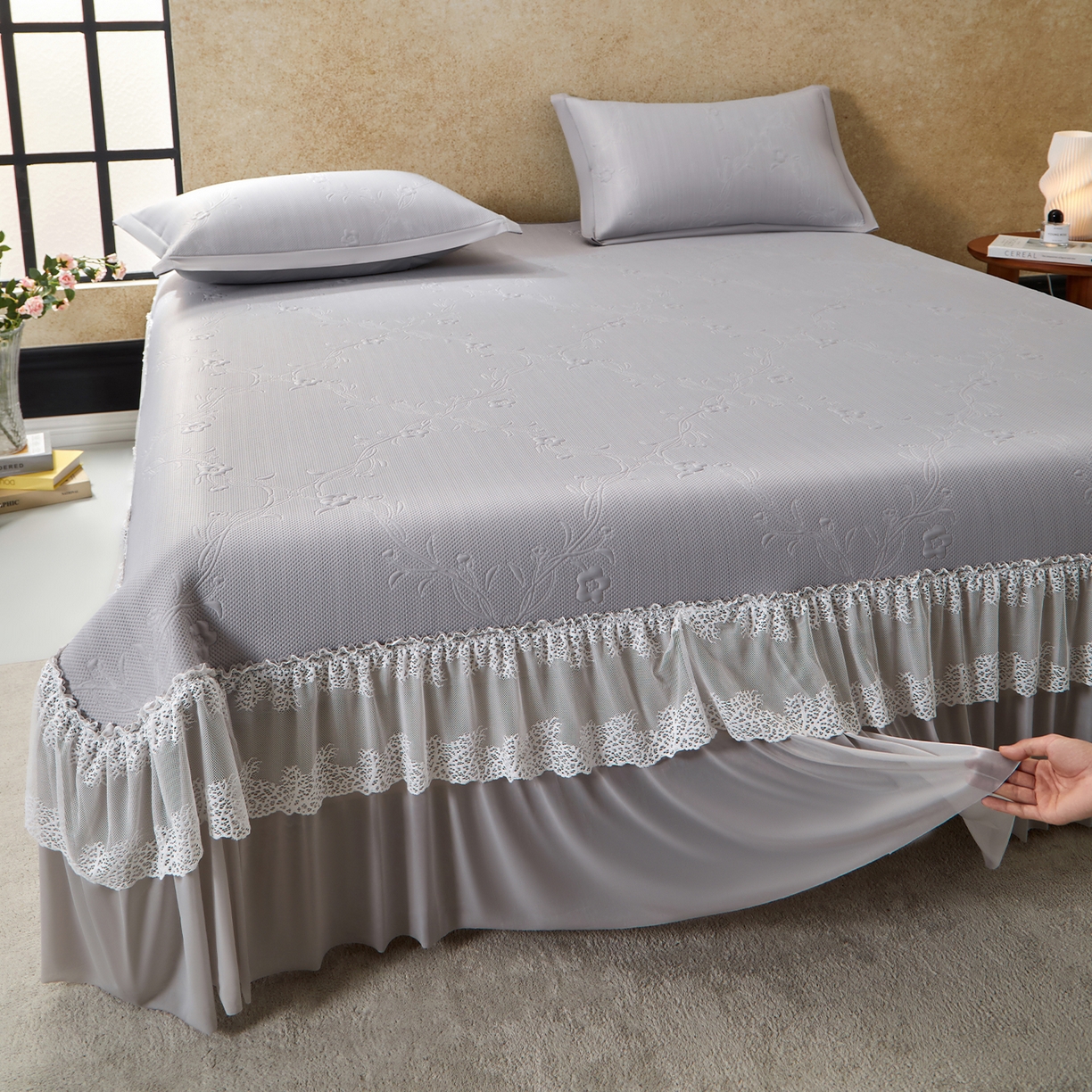 航途席业 2026新款A类凉感豆豆床裙款凉席三件套-系列七 月灰藤语