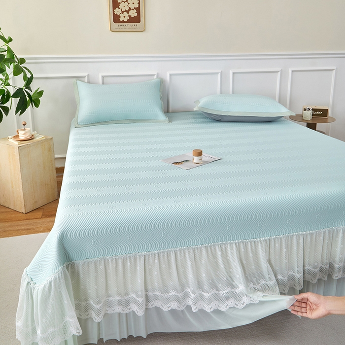 航途席业 2026新款A类凉感豆豆床裙款凉席三件套-系列七 薄荷织浪