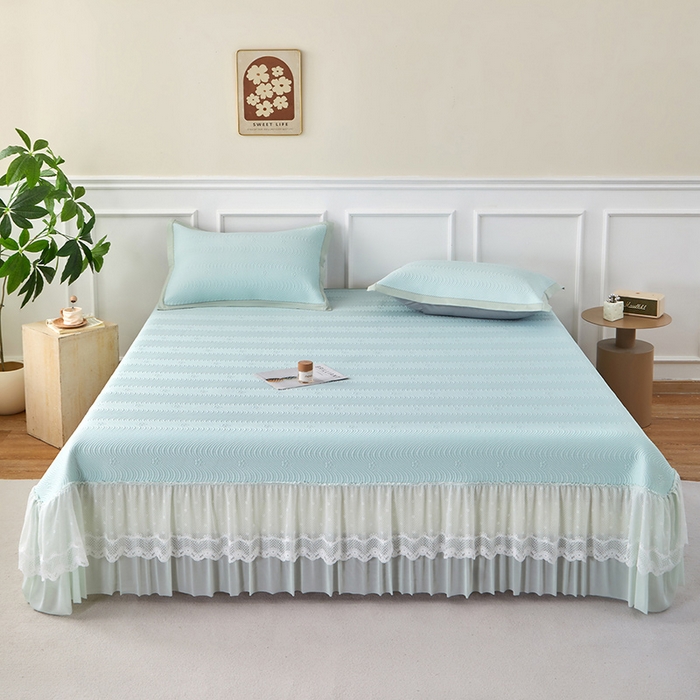 91家纺网 家纺一手货源 找家纺 航途席业 2026新款A类凉感豆豆床裙款凉席三件套-系列七 薄荷织浪