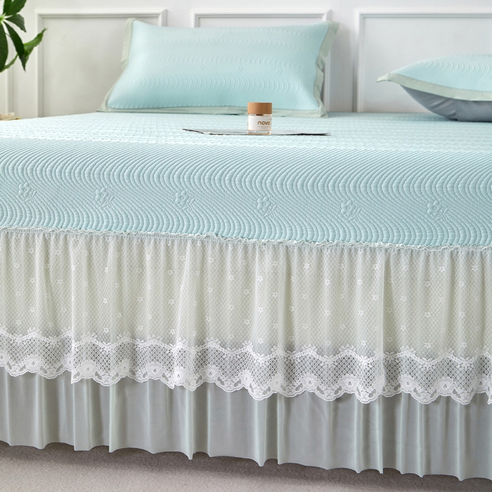 91家纺网 家纺一手货源 找家纺 航途席业 2026新款A类凉感豆豆床裙款凉席三件套-系列七 薄荷织浪